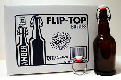 **PICK UP ONLY**  16 OZ AMBER FLIP-TOP BEER BOTTLES WITH CAPS INCLUDED, 12/CASE or EACH